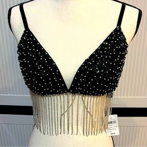 NWT Black Beaded Rhinestone Fringe Halter Top by Windsor - Size Large